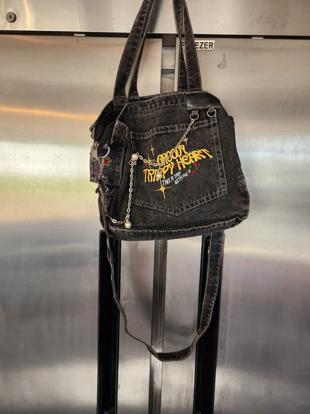 Groovy Trippy Heart Denim Tote Bag